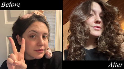 Before and after heatless hair curl results - loose waves transformation