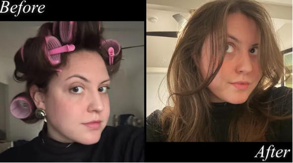 Before and after heatless hair curl results - roller set to voluminous waves