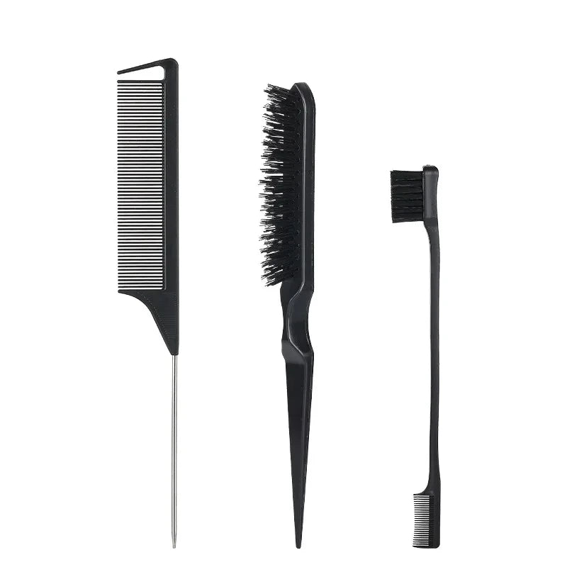 Seraphic set of three black styling combs including a rat tail comb, teasing brush, and edge control brush