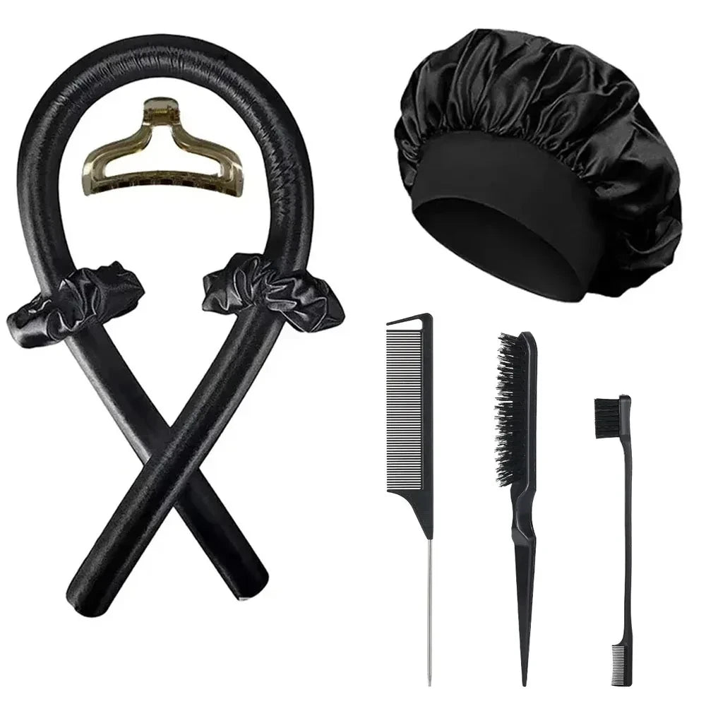 Seraphic heatless hair curling set with black satin curling rod, matching scrunchies, bonnet, and styling combs.