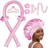 Seraphic heatless hair curling set with pink satin rod, scrunchies, clips, and a model wearing a matching satin bonnet.