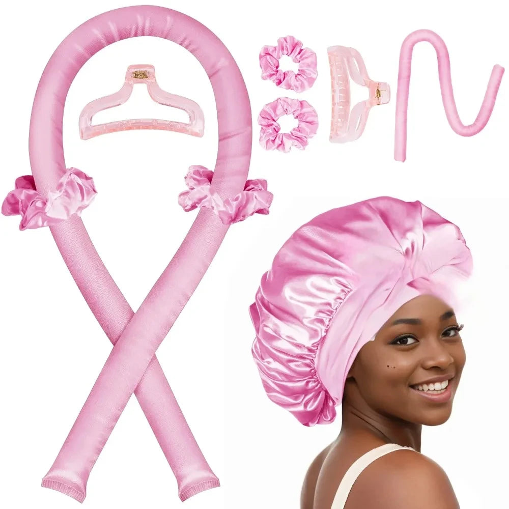 Seraphic heatless hair curling set with pink satin rod, scrunchies, clips, and a model wearing a matching satin bonnet.