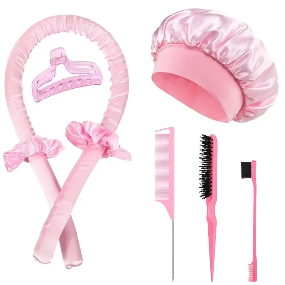 Seraphic heatless hair curling set with pink satin rod, bonnet, scrunchies, hair clips, and styling combs.