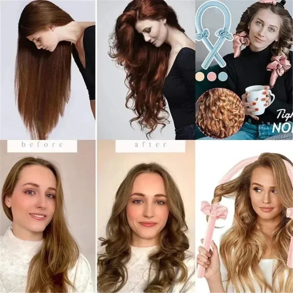 Seraphic heatless hair curling set showing before and after results on models with soft wavy hair styles
