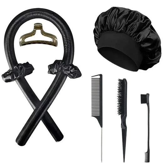 Seraphic heatless hair curling set in black, including a satin curling rod, scrunchies, bonnet, and styling combs.
