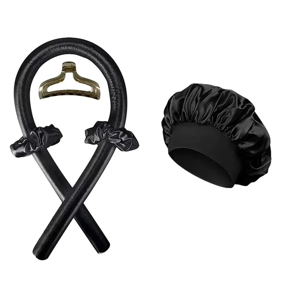 Seraphic heatless hair curling set with a black satin curling rod, matching scrunchies, hair clip, and sleep bonnet.