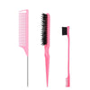 Seraphic pink hair styling set including a metal tail comb, a teasing brush, and a dual-sided edge control brush.
