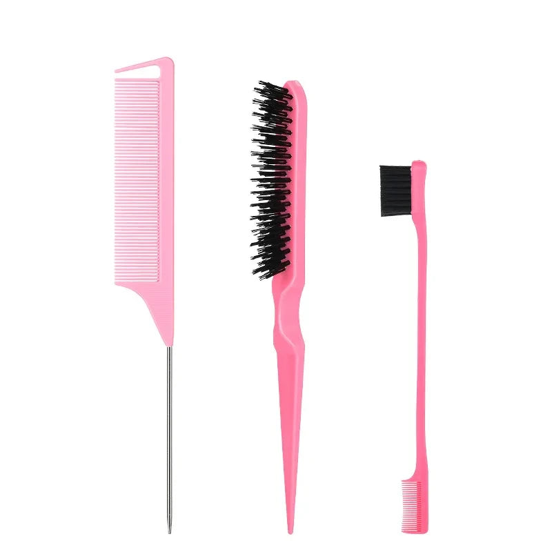 Seraphic pink hair styling set including a metal tail comb, a teasing brush, and a dual-sided edge control brush.