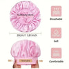 Seraphic pink satin hair bonnet with dimensions shown, featuring breathable, soft, and stretchable fabric design.