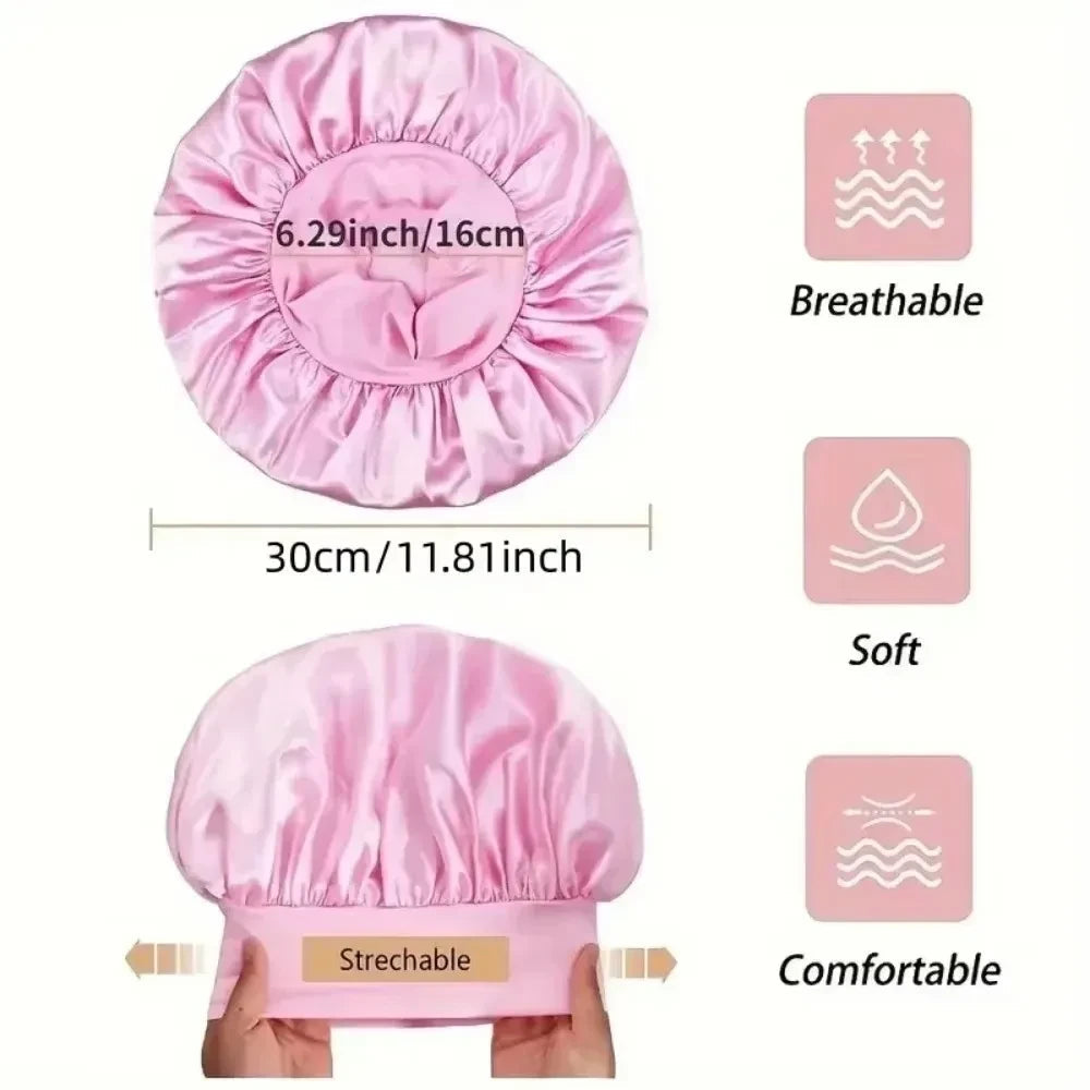Seraphic pink satin hair bonnet with dimensions shown, featuring breathable, soft, and stretchable fabric design.